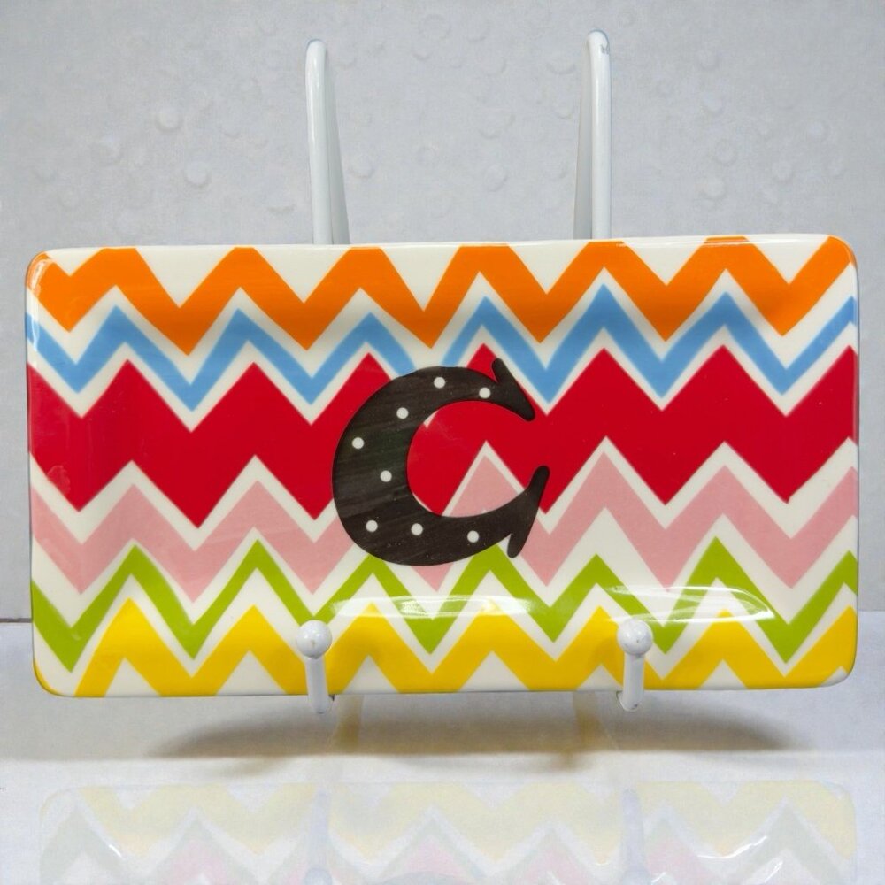 Coton Colors Monogram Letter C Zigzag Trinket Dish Plate Tray Ceramic Multicolor